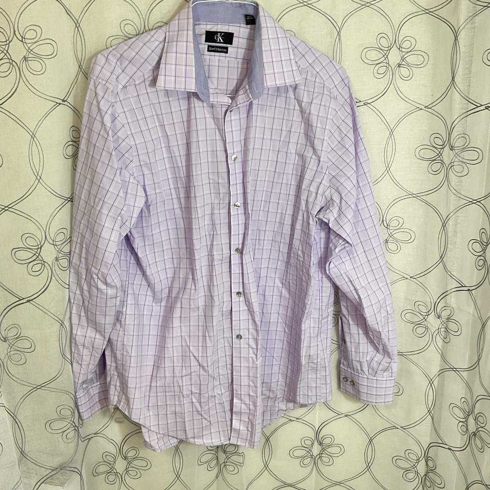 Men's Calvin Klein Purple White Plaid Shirt Slim Fit Non Iron Size XL